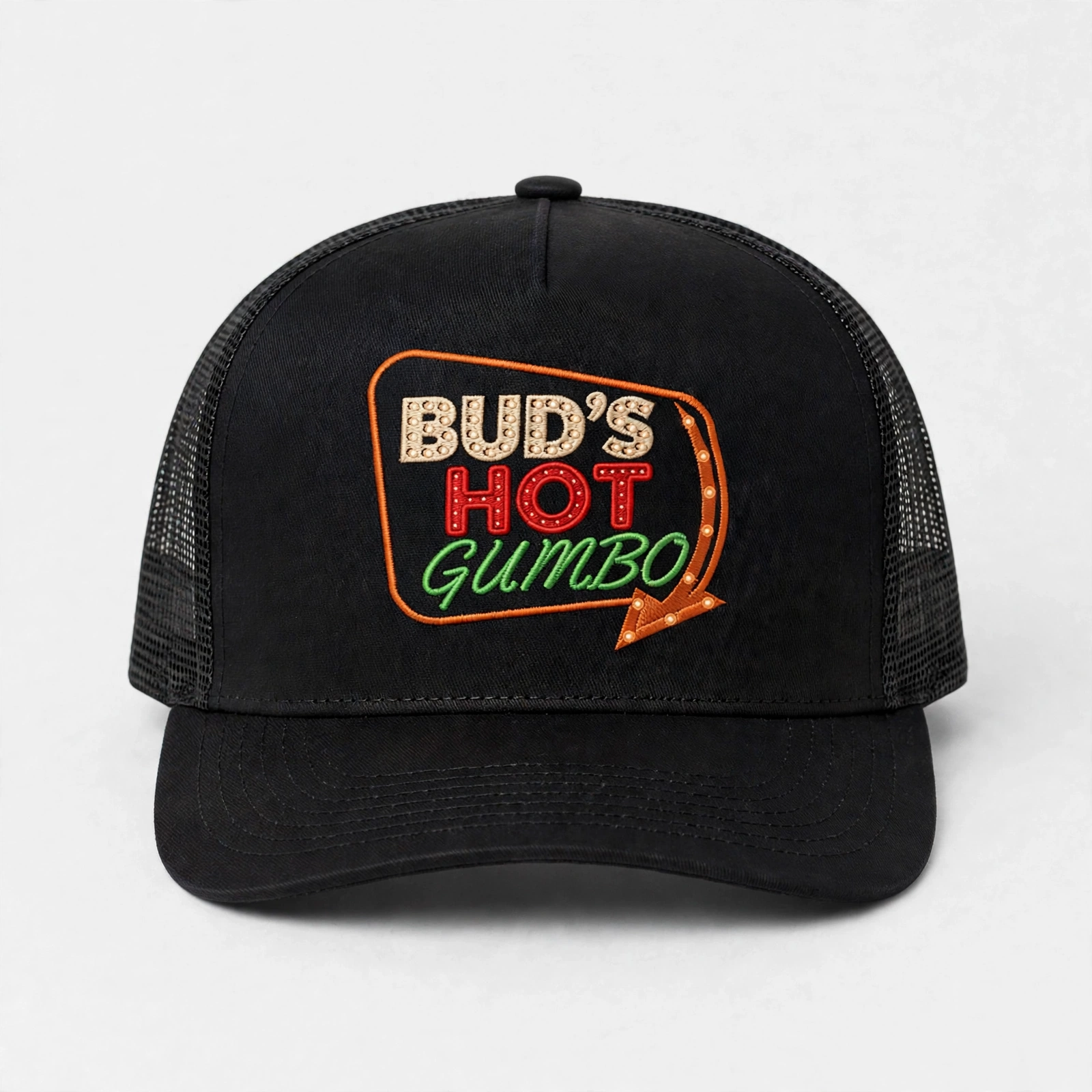 Black trucker hat with the Bud's Hot Gumbo marquee logo embroidered smaller on the front panel