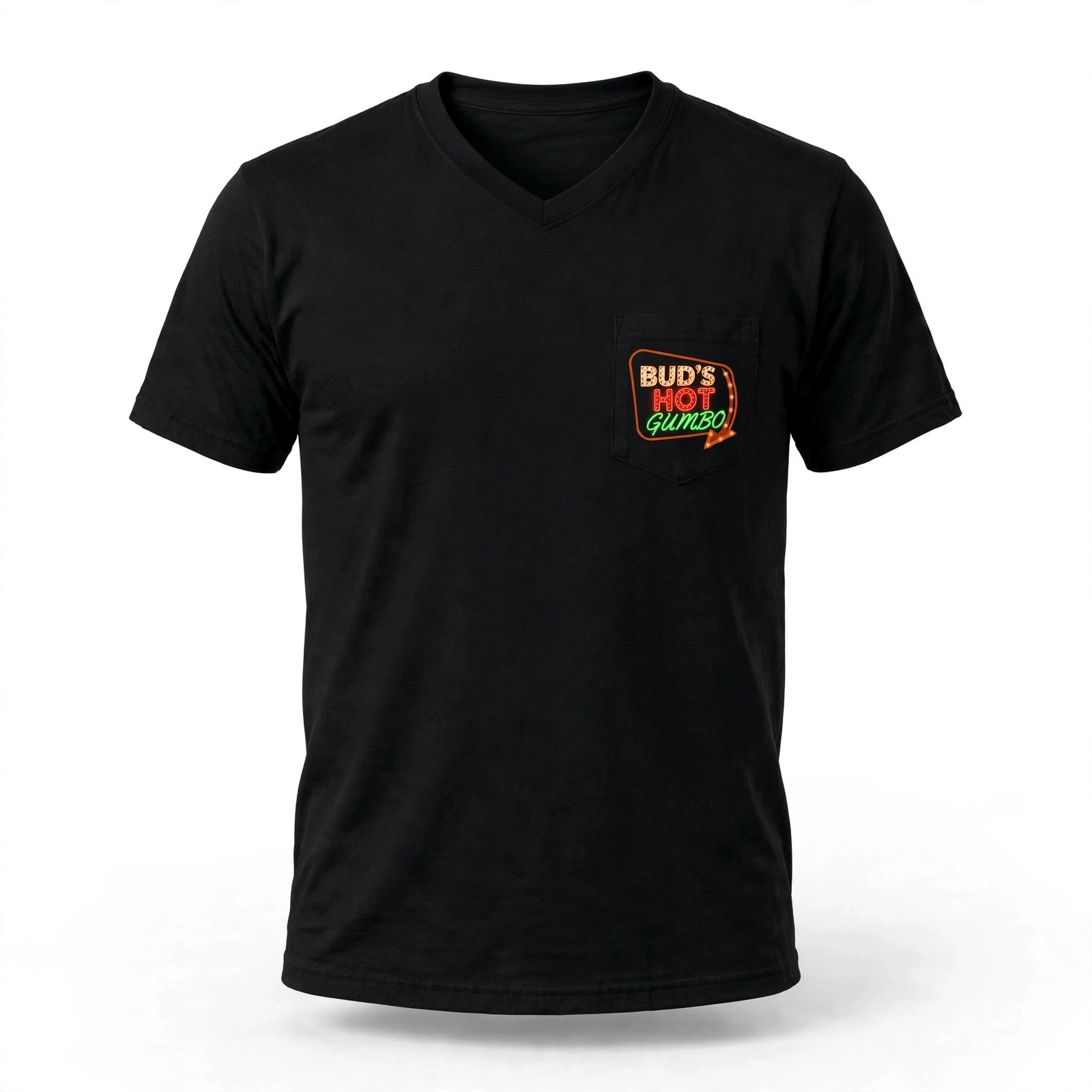 Black V-neck t-shirt with the Bud's Hot Gumbo logo on the left chest pocket
