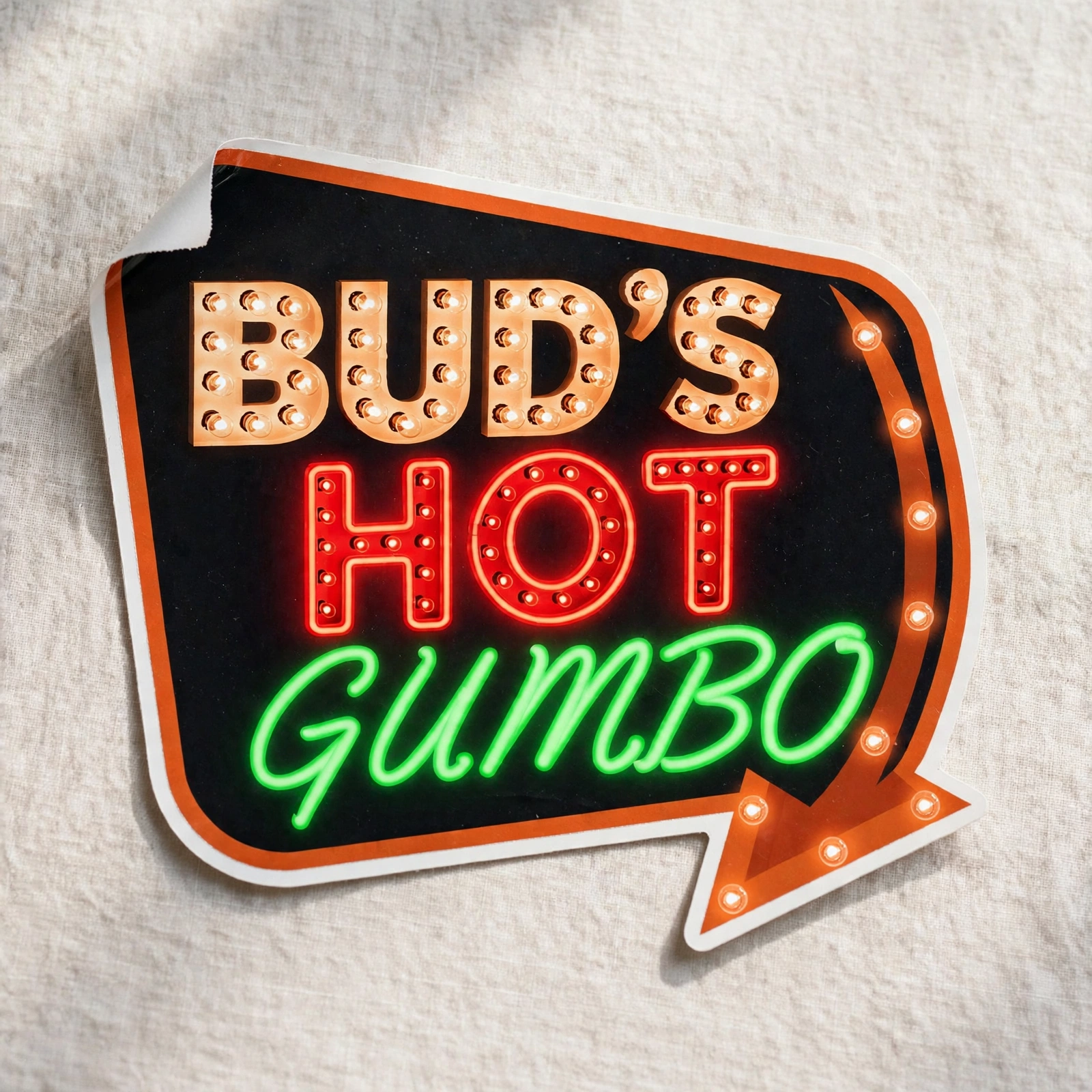Die-cut vinyl sticker of the Bud's Hot Gumbo marquee logo